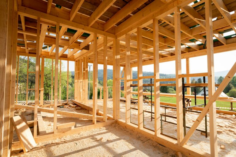 New interior residential wooden construction house framing